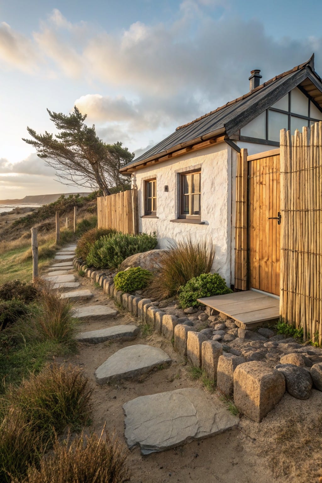 Small white cottage with dark sloped roof and wooden door on coastal dunes, enclosed by bamboo fencing and wooden fence, with stone step pathway through grasses, rocks, shrubs, and distant ocean.