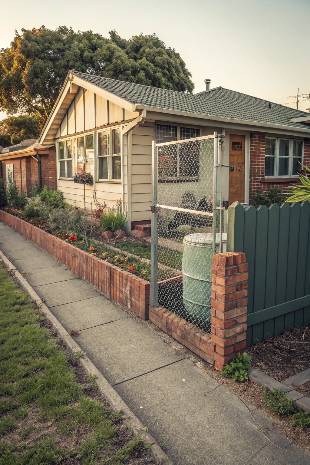Suburban house exterior with chain-link fence enclosing front garden area, low brick border along sidewalk with plants and red flowers, green picket fence section, and concrete path.