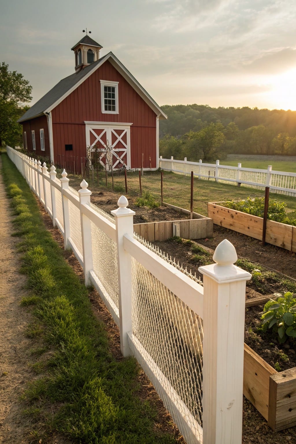 Red barn with gabled roof and cupola behind a white picket fence with mesh netting along raised garden beds containing vegetables, next to a dirt path in a rural yard at sunset.