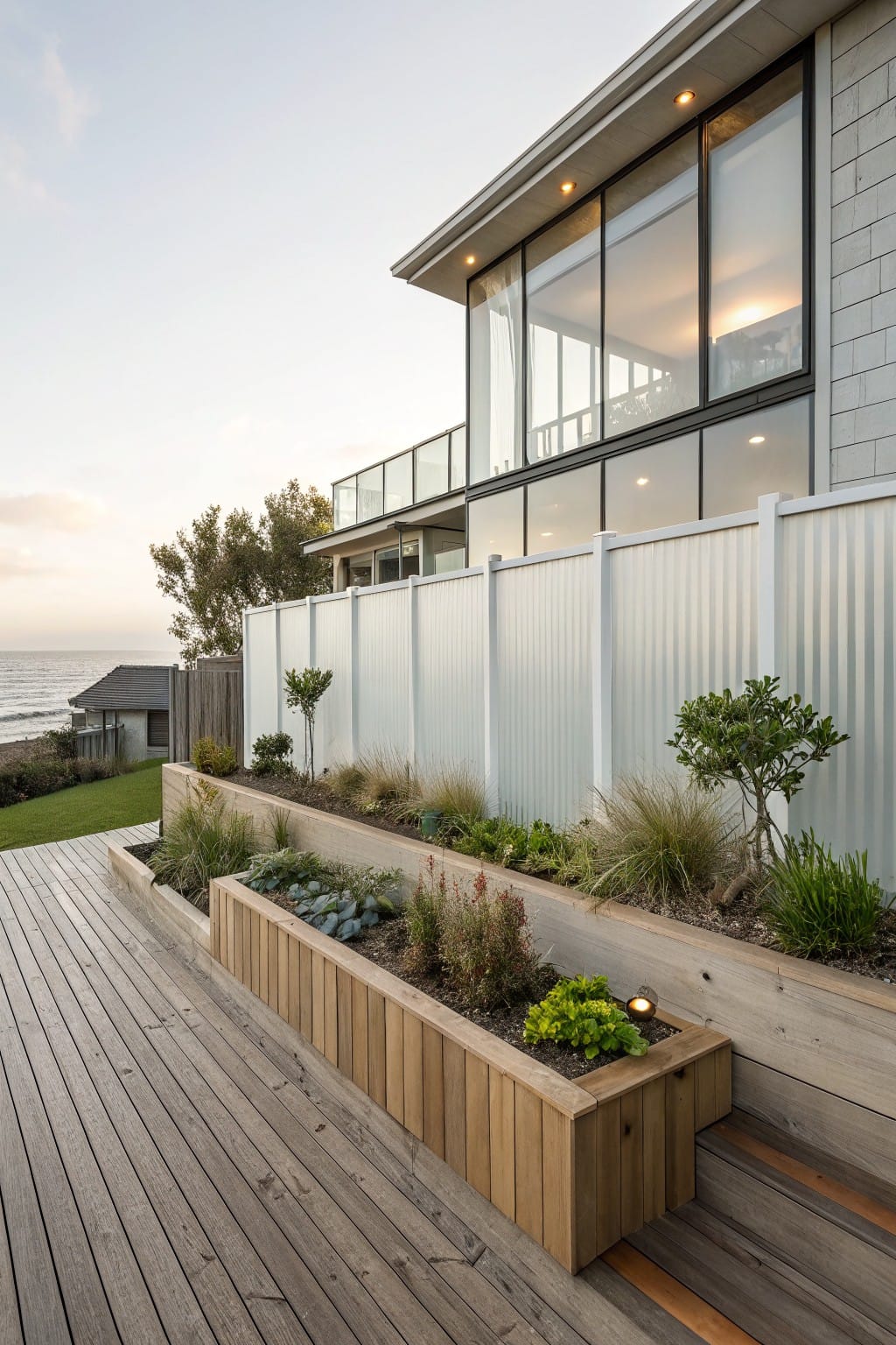 White vertical corrugated metal fence beside wooden deck with raised timber planters containing grasses, succulents, and shrubs, next to a modern house with large glass windows and ocean in background.