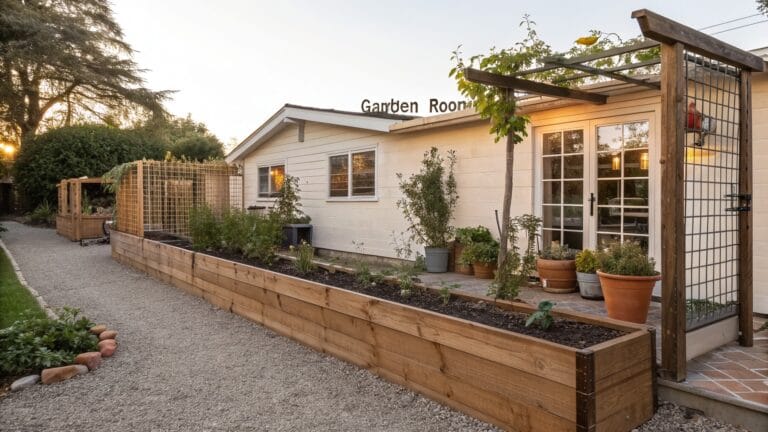 Gravel pathway edged by wooden raised beds with vegetables, bordered on one side by a tall metal trellis panel with climbing plants, leading to a white outbuilding labeled Garden Room.