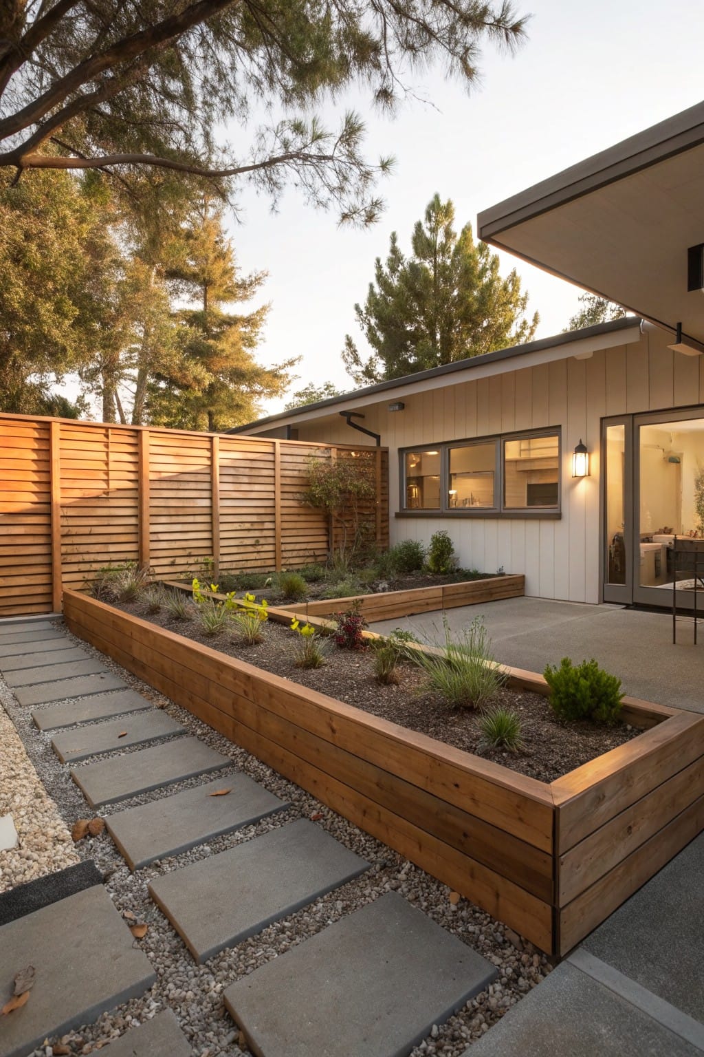 Modern house exterior with concrete patio, sliding glass doors, raised wooden garden beds planted with vegetables and grasses, enclosed by horizontal slat wooden fence, and stepping stone path through gravel ground.