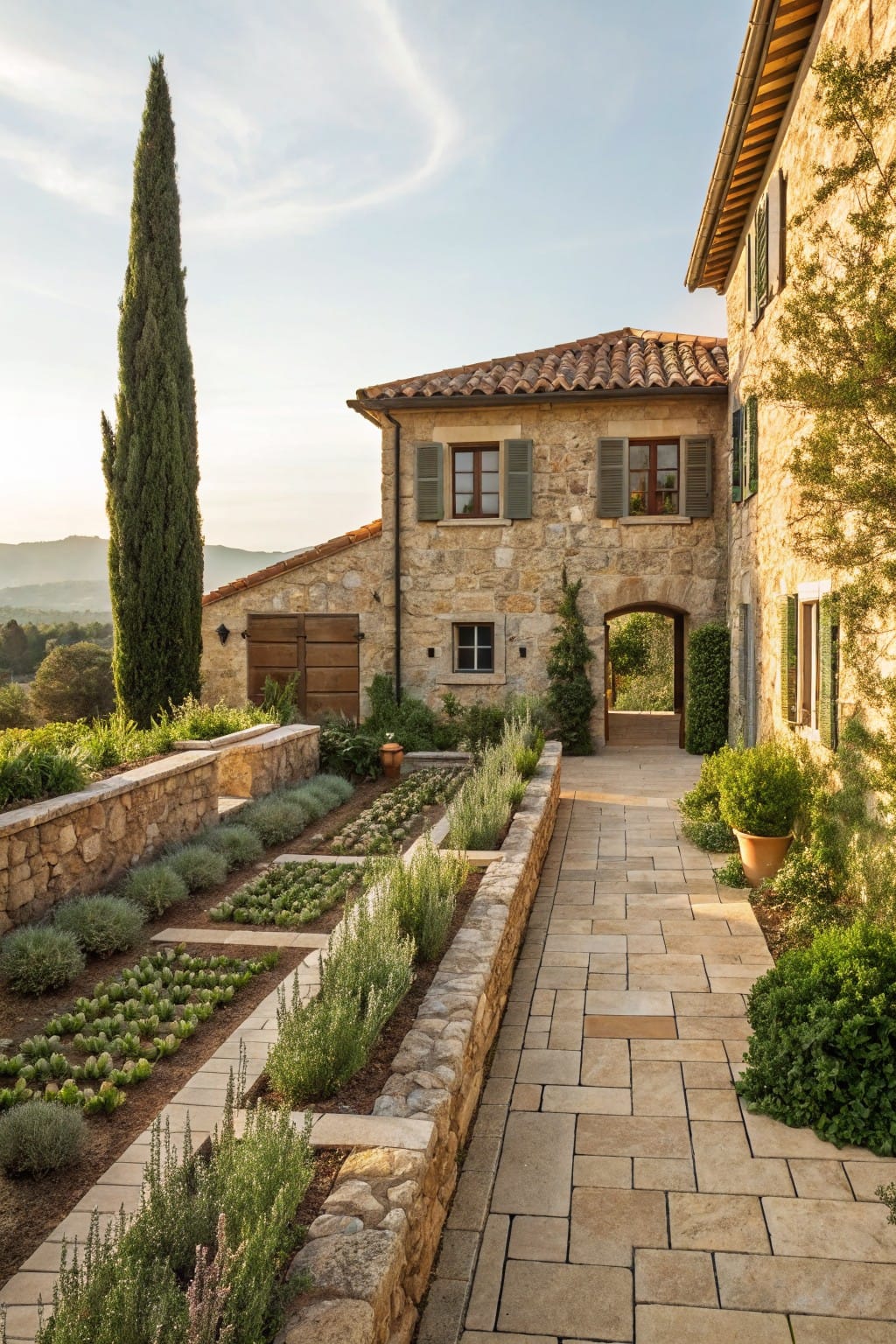 Rustic stone house with terracotta tile roof, arched entryway, and stone-paved pathway beside raised garden beds enclosed by low stone walls planted with vegetables, herbs, and lavender.