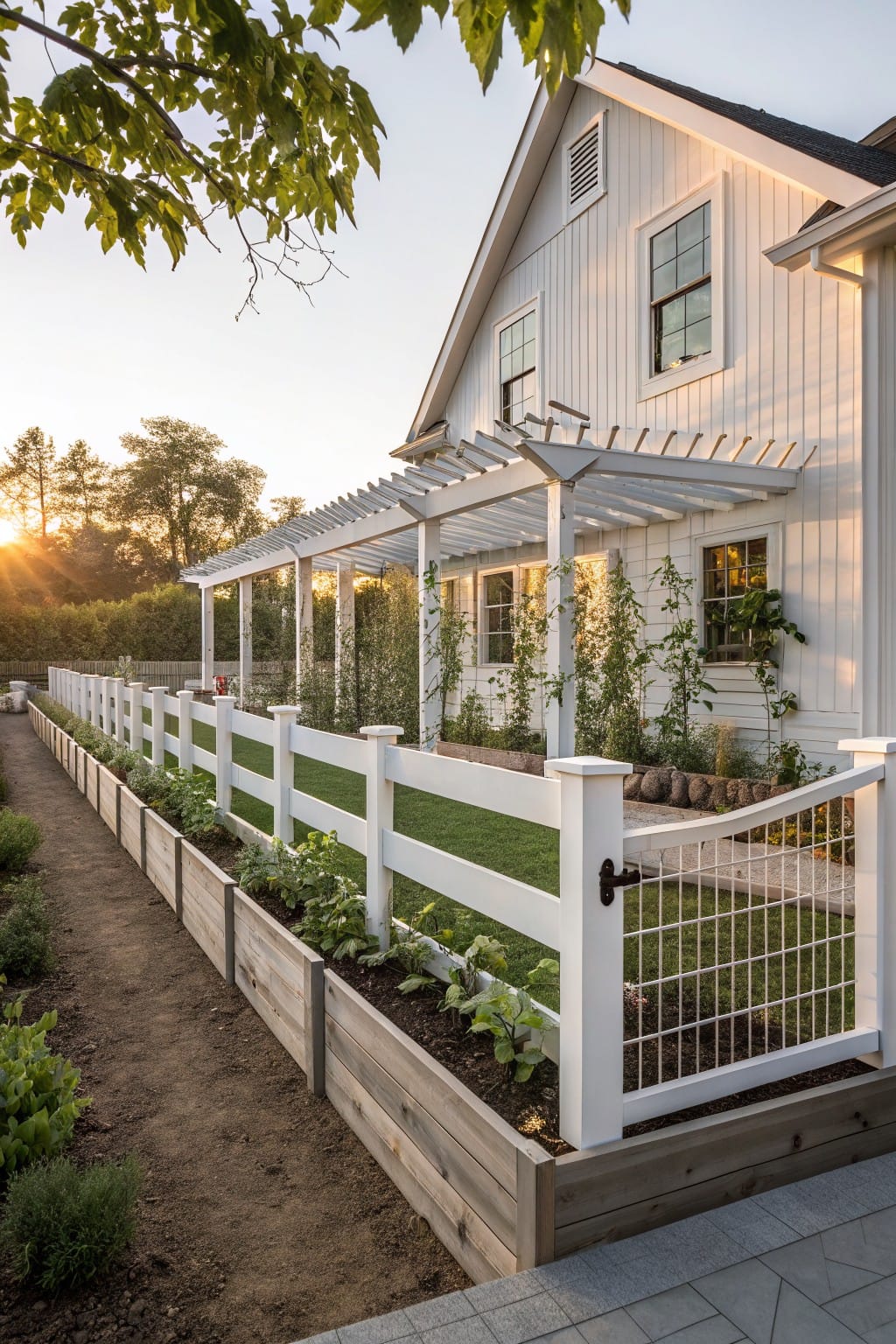 White picket fence enclosing a row of wooden raised garden beds with vegetable plants, next to a white clapboard house under a pergola with sunset light.
