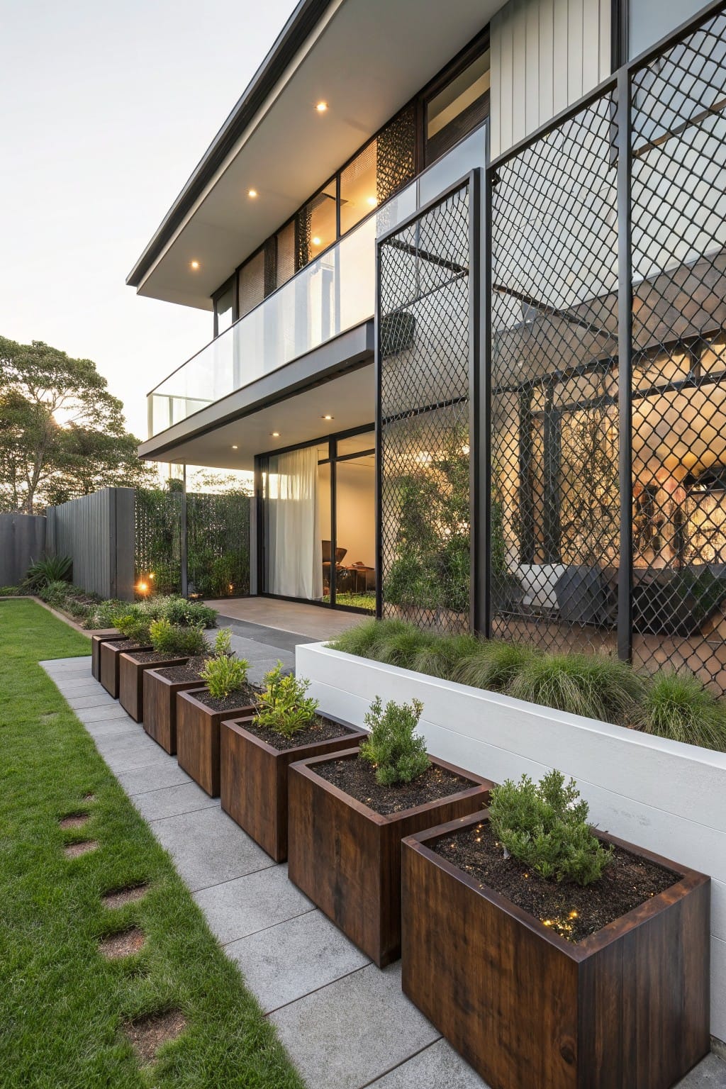 Side view of modern two-story house with black metal mesh screens on balcony railing and garden enclosure, wooden planters with greenery along concrete path beside grass lawn.