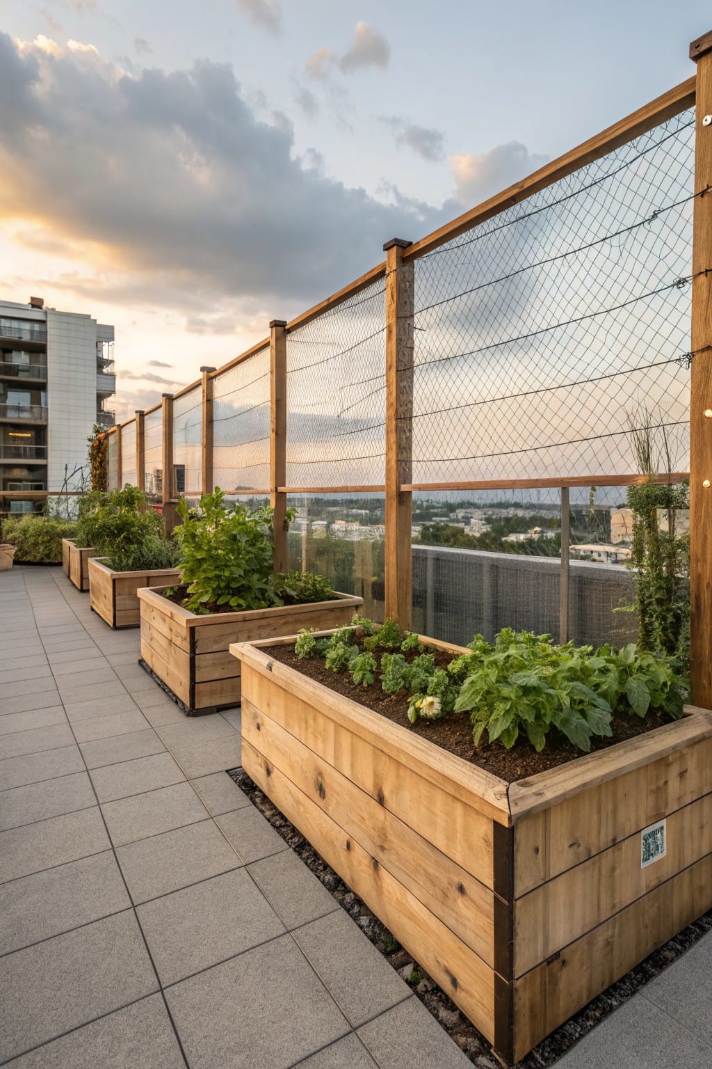 Rooftop terrace featuring multiple wooden raised garden beds with vegetables like greens and herbs, surrounded by a wooden fence with chain-link mesh, viewed at sunset with city buildings in the background.