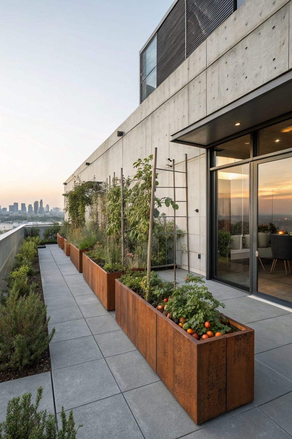 Rooftop garden with metal planters, herbs, vegetables, and a city skyline background at sunset.