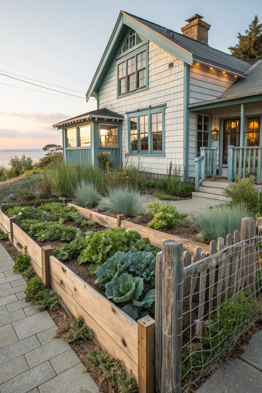 Raised wooden garden beds with vegetables enclosed by a rustic wooden picket fence topped with chicken wire, next to a shingle-style house with blue trim and porch overlooking the ocean at dusk.