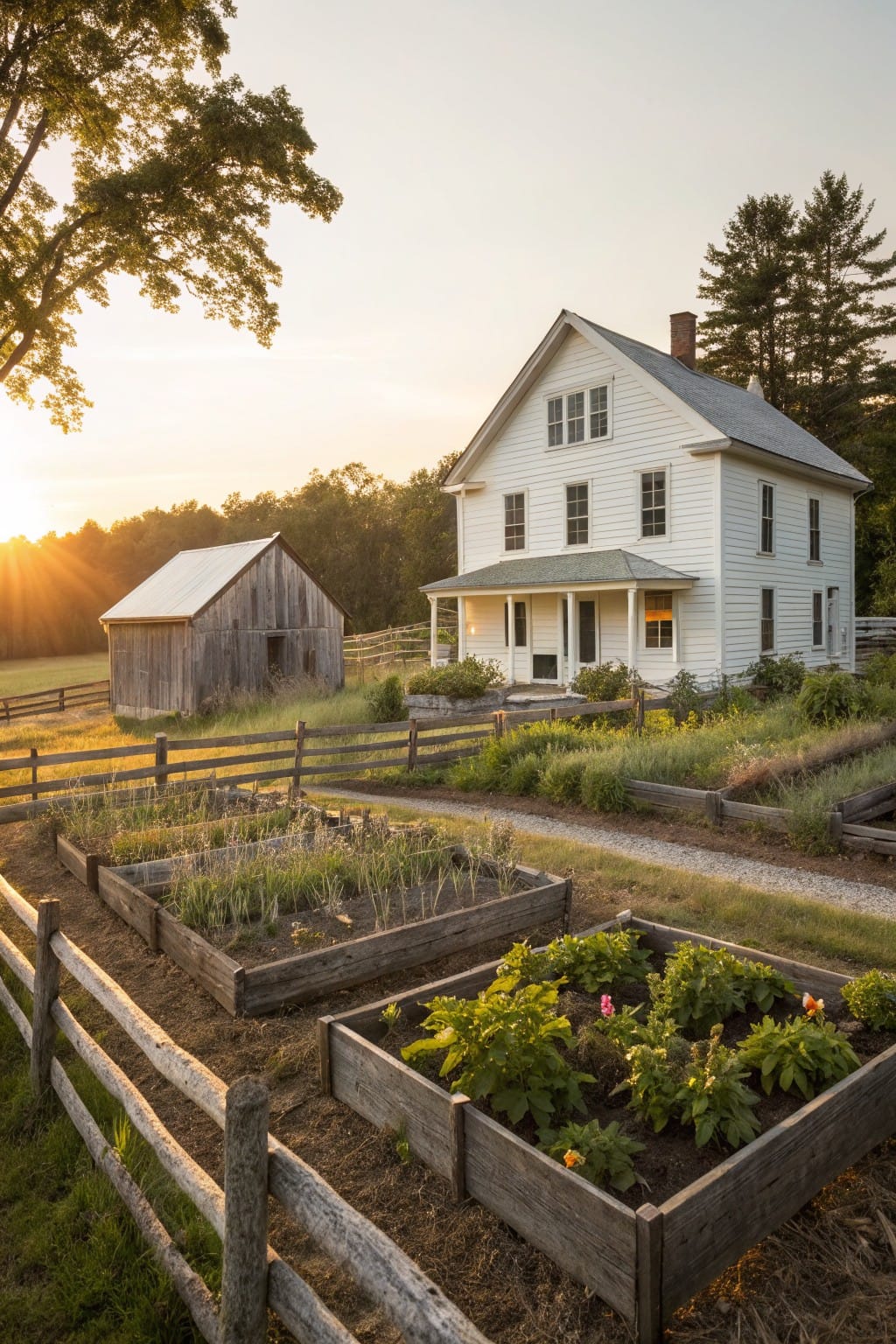 White two-story farmhouse with porch and chimney beside a weathered barn, with multiple raised wooden garden beds containing vegetables enclosed by a split-rail fence and gravel path.