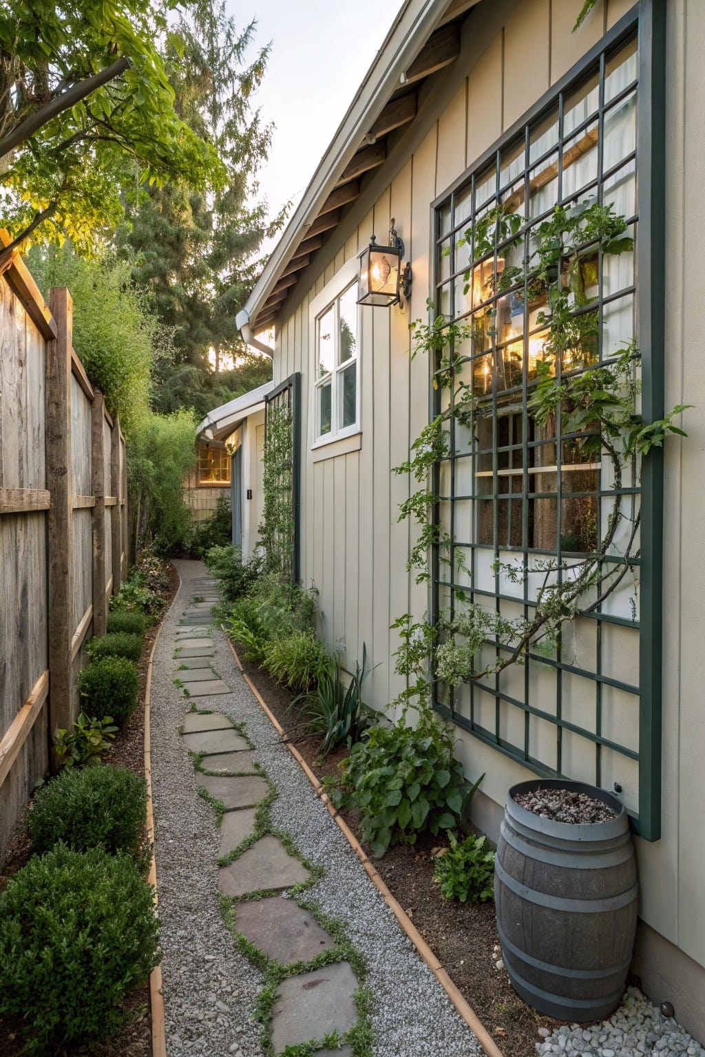 Narrow gravel garden path with irregular stone stepping stones alongside a light gray wooden house exterior, bordered by tall wooden fences with overgrown greenery and climbing vines on a green metal trellis over a window, plus a wooden rain barrel planter near the house.