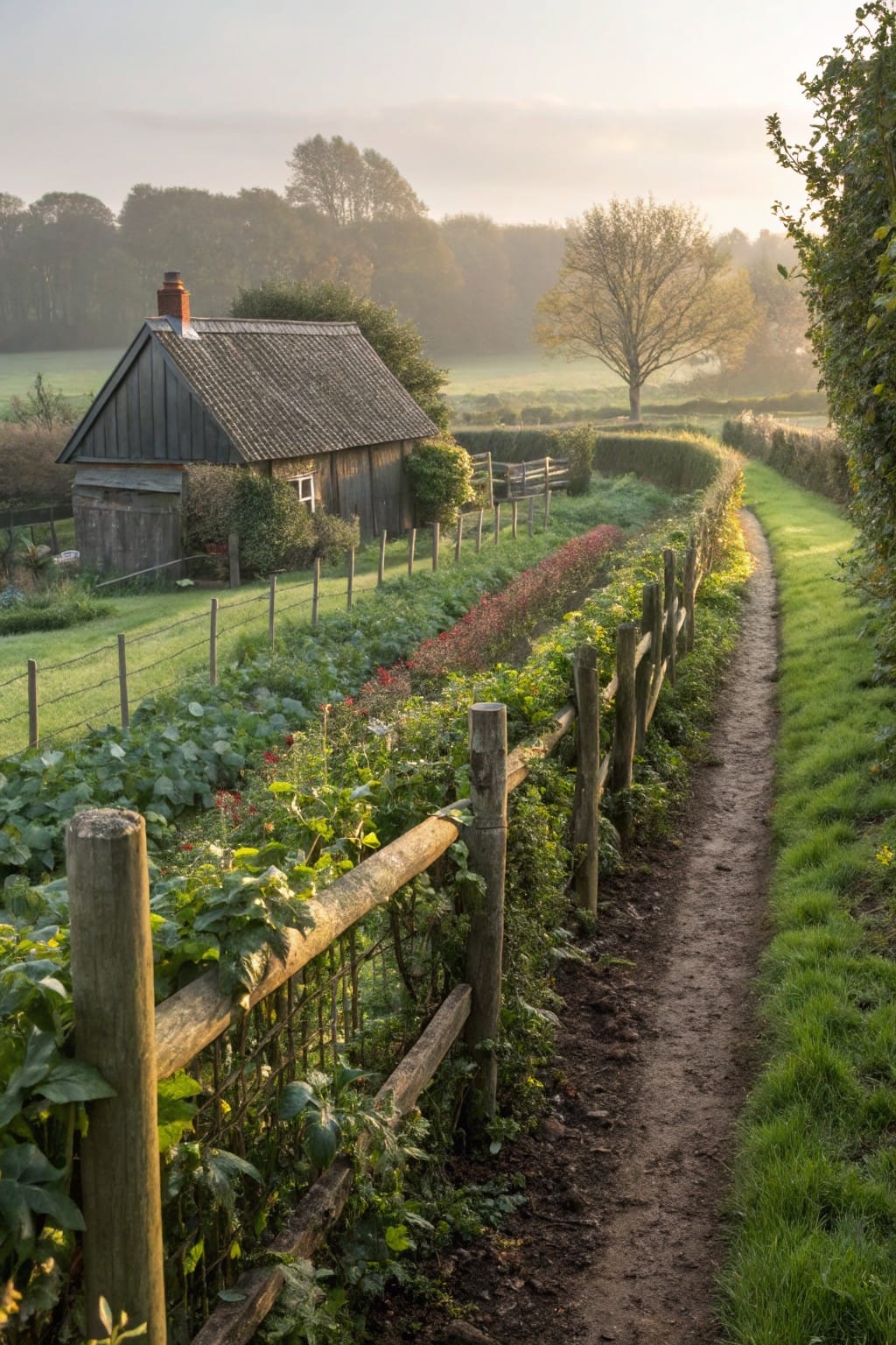 Rustic wooden post-and-rail fence along a dirt path bordering vegetable garden beds with climbing plants and flowers, next to a small wooden shed in a rural field at dawn.