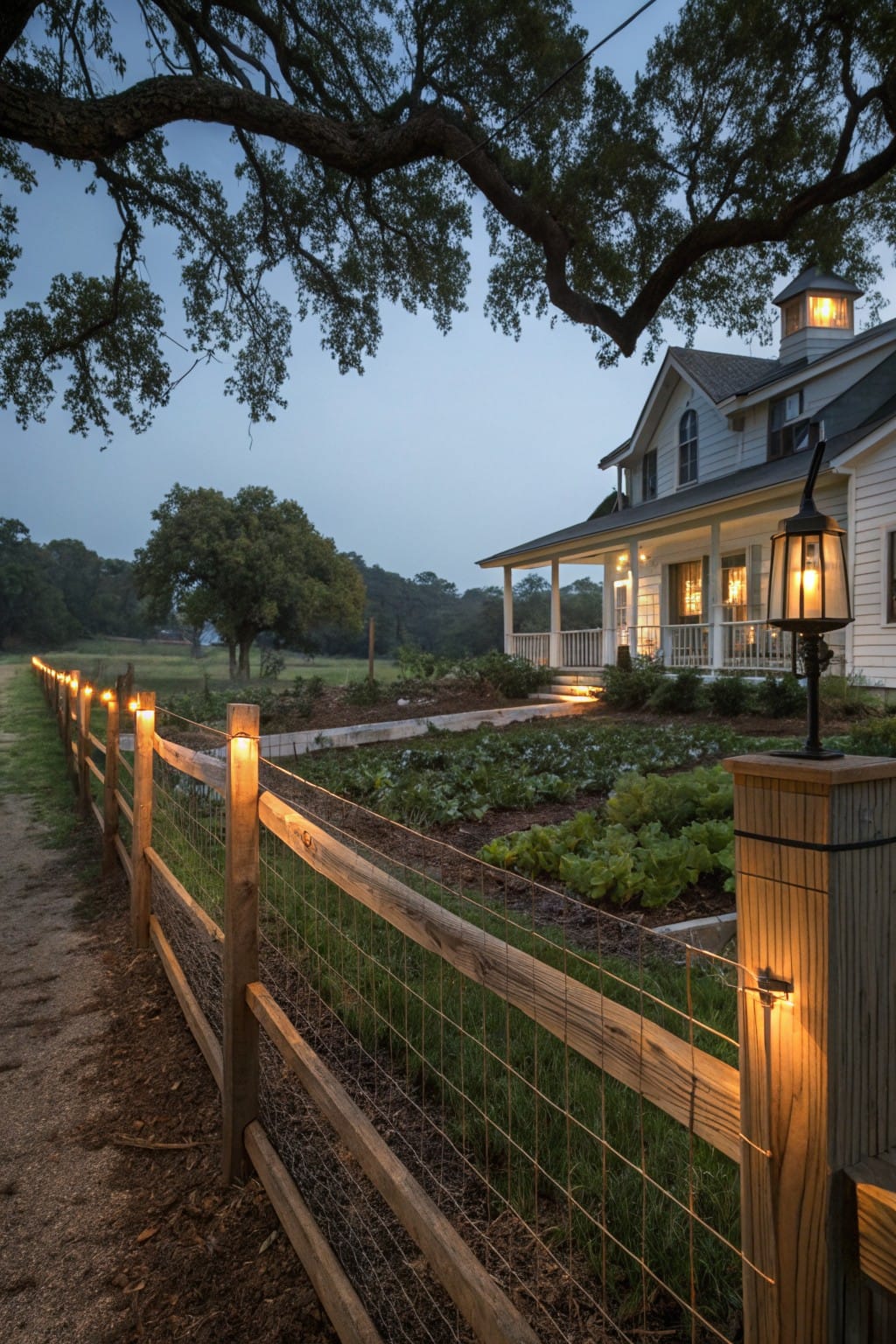 White clapboard house with wraparound porch and lanterns beside a split-rail wooden fence with lights on posts enclosing raised vegetable garden beds at dusk.
