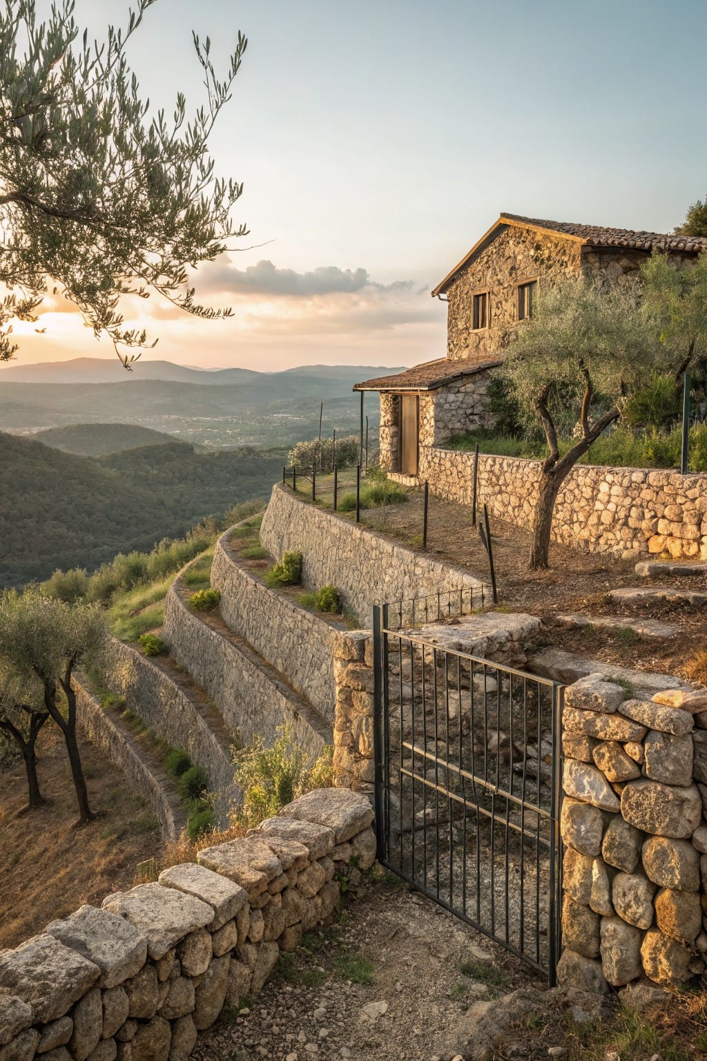 Rustic stone house on a hillside with terraced dry stone walls, olive trees, plants, black metal gate, and valley view at sunset.