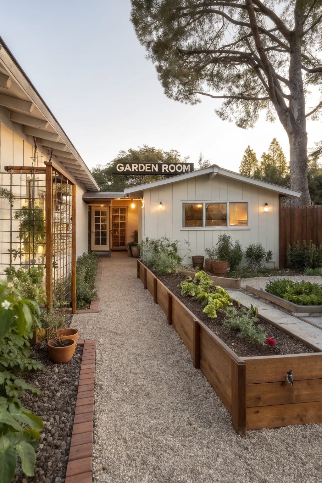 Gravel pathway edged by wooden raised beds with vegetables, bordered on one side by a tall metal trellis panel with climbing plants, leading to a white outbuilding labeled Garden Room.