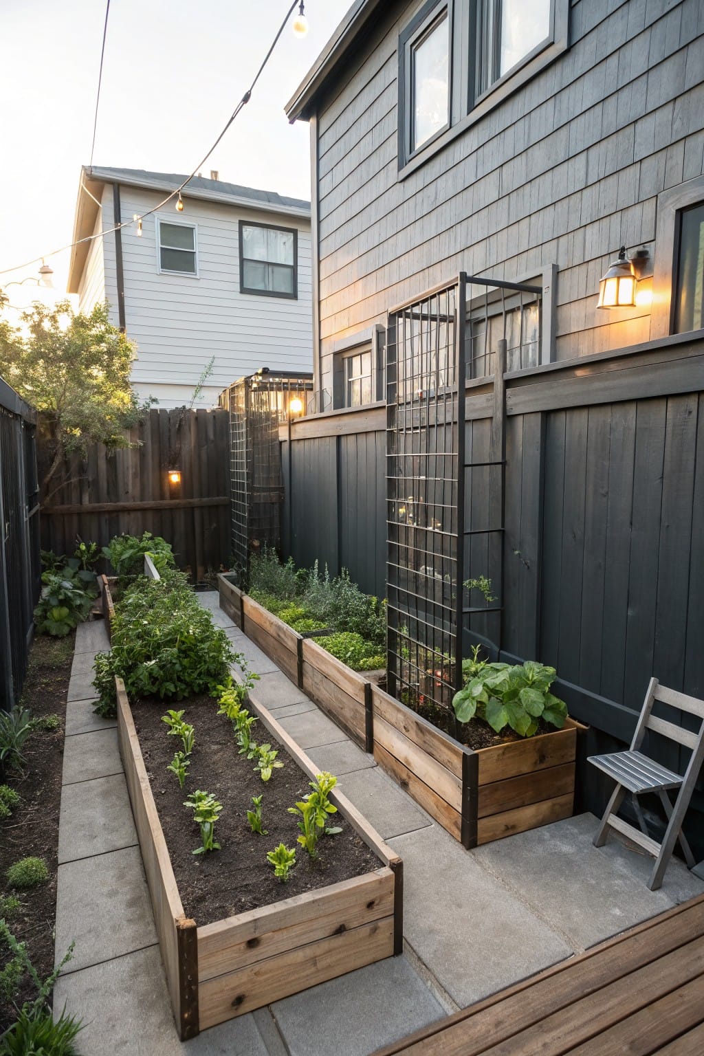 Backyard vegetable garden featuring raised wooden beds with young plants, a tall black metal trellis against a dark wooden fence, overhead string lights, wall lanterns, and a concrete pathway.