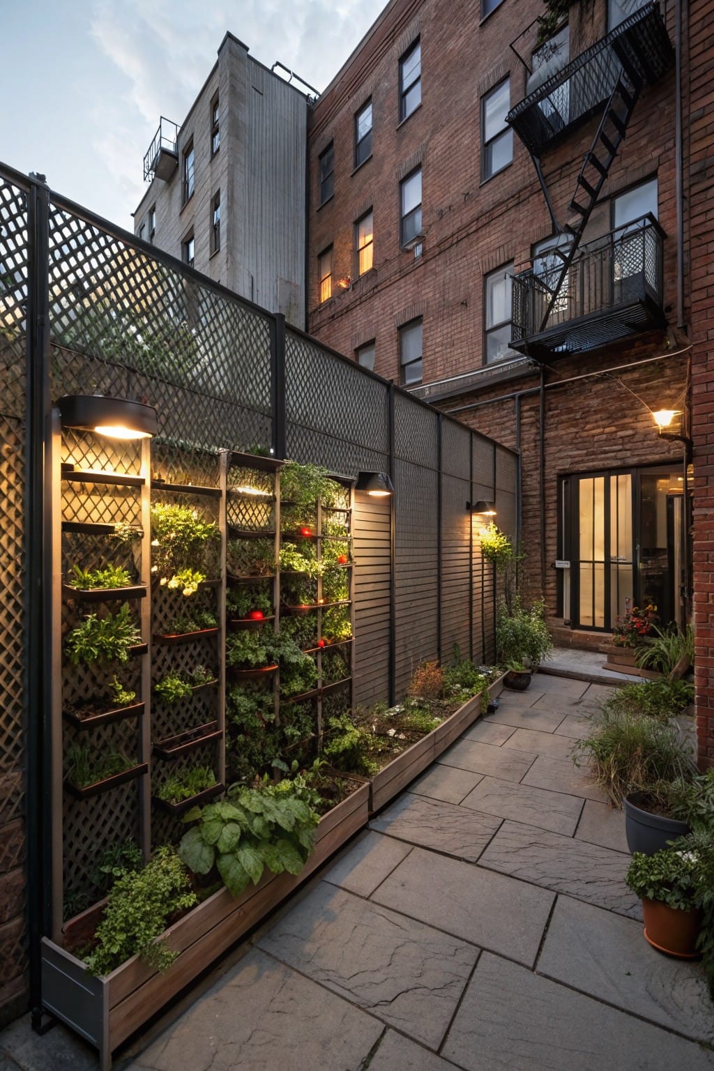 Tall black metal mesh fence with integrated vertical metal shelves and planters growing vegetables like tomatoes and herbs, wooden planters at the base, stone paver pathway, wall-mounted lights, and potted plants near a brick building door in a narrow urban outdoor space.