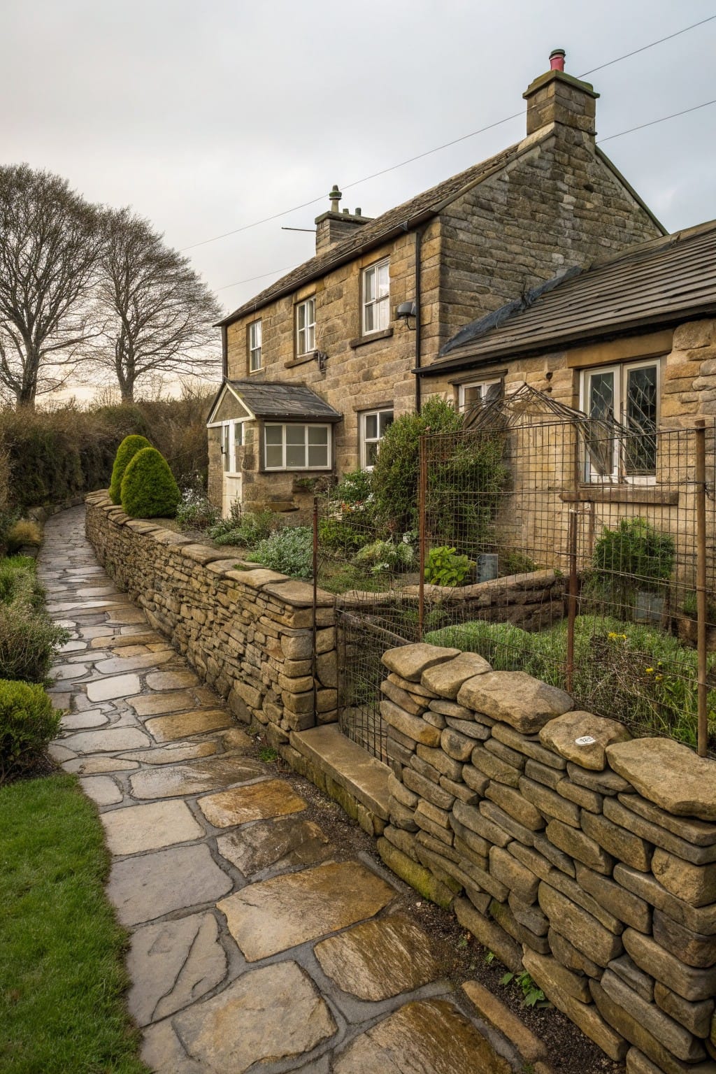 Stone cottage beside a flagstone path running along a dry stone wall with wire mesh fencing protecting raised vegetable beds and plants.