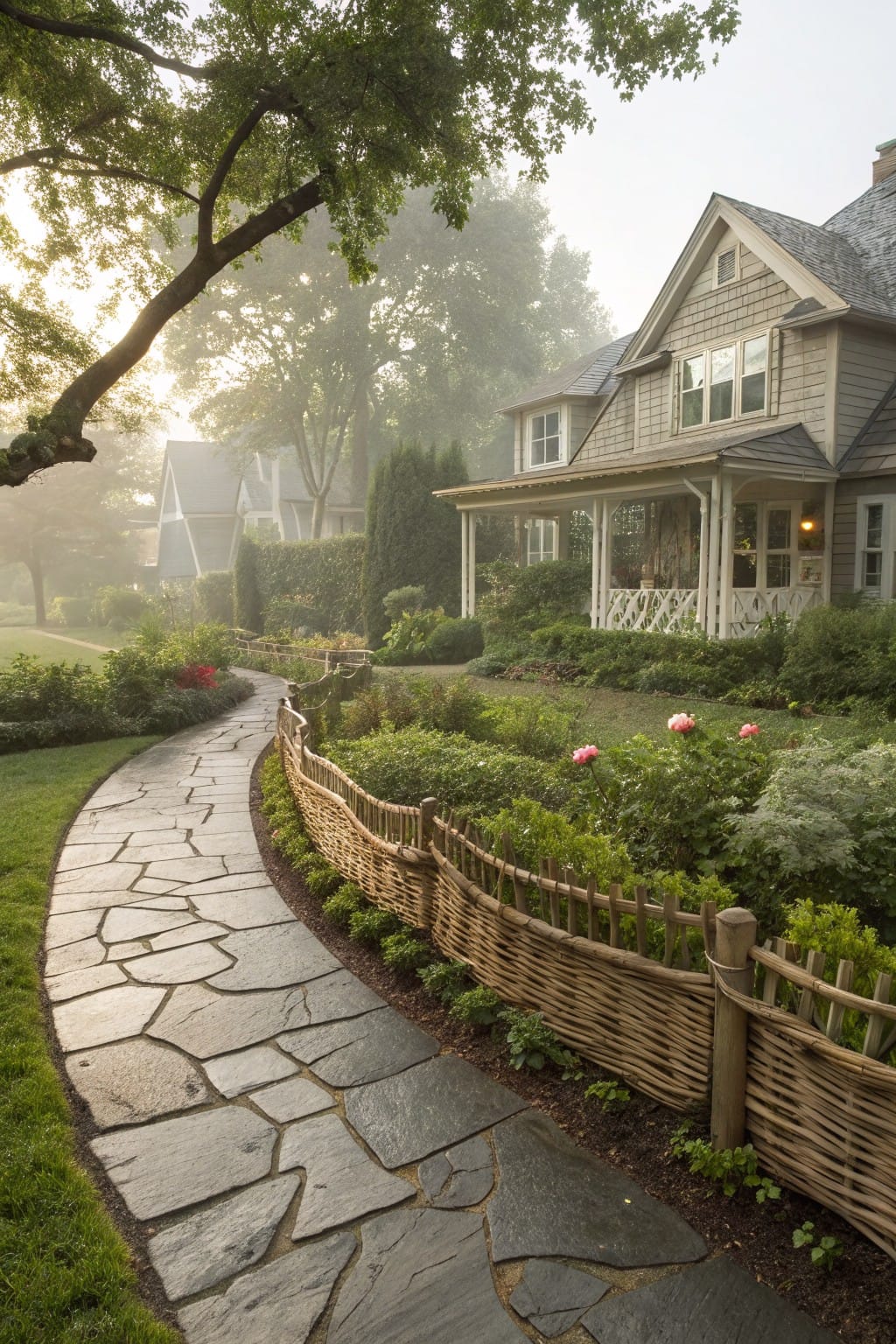 A curving stone path bordered by low woven basket fences runs through garden beds with pink flowers and green shrubs toward a shingled house on a misty morning.