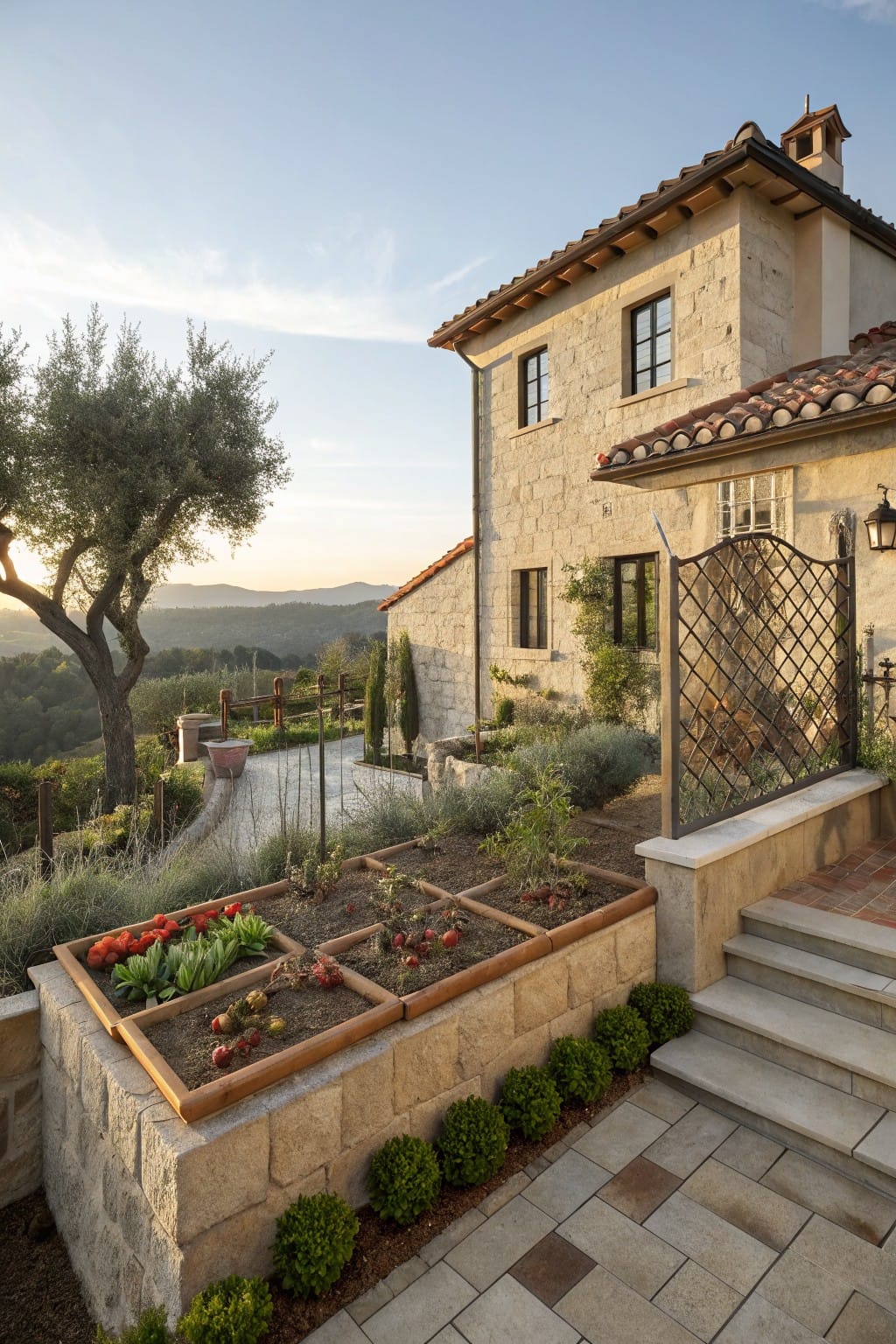 Stone house with terracotta tile roof next to a terraced yard featuring wooden raised vegetable beds, a black wrought iron fence on stone base, potted plants, and olive trees overlooking distant hills in evening light.