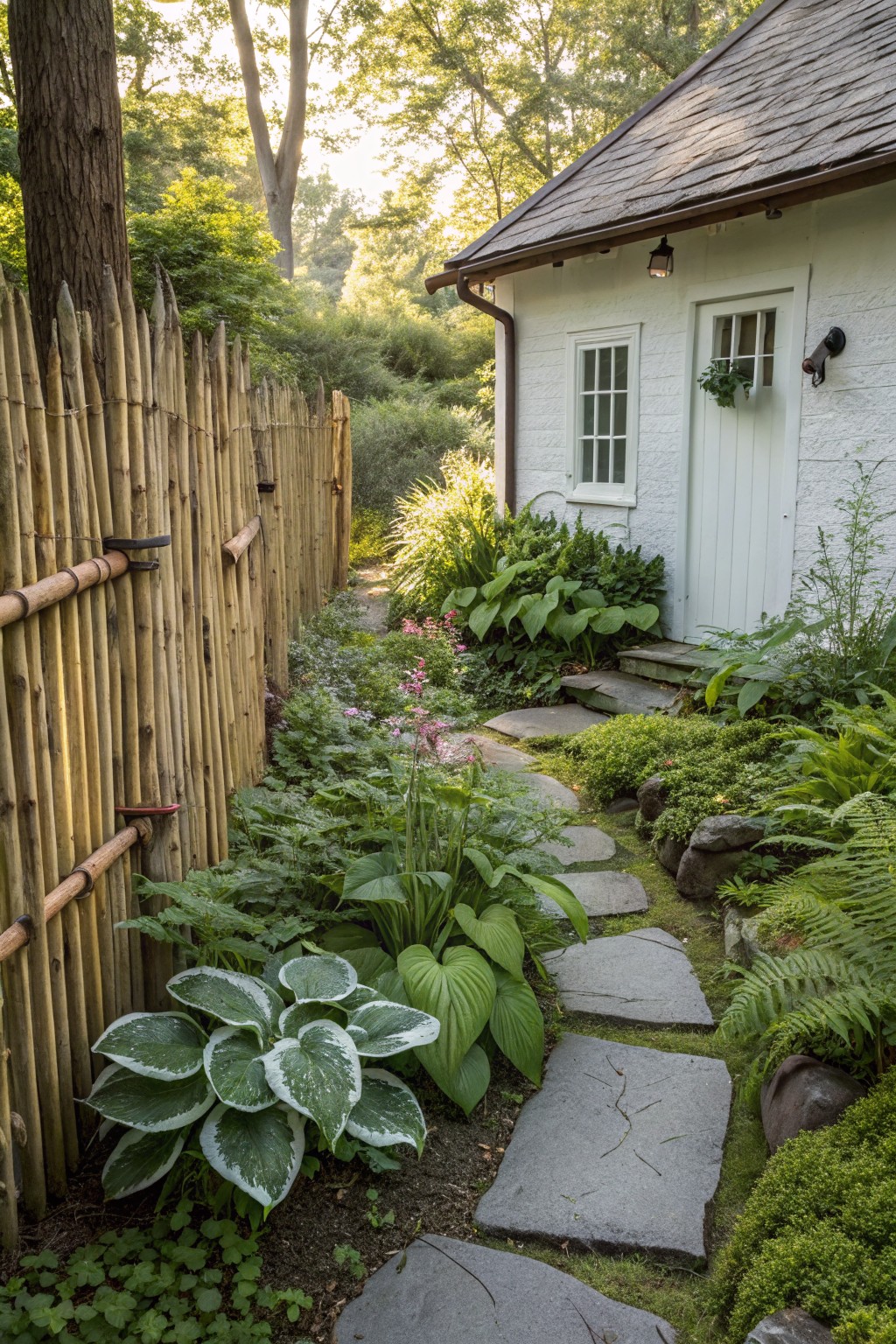 White cottage with slate roof and green-shuttered door, fronted by a stone path through lush green plants and pink flowers, bordered by tall bamboo pole fence.