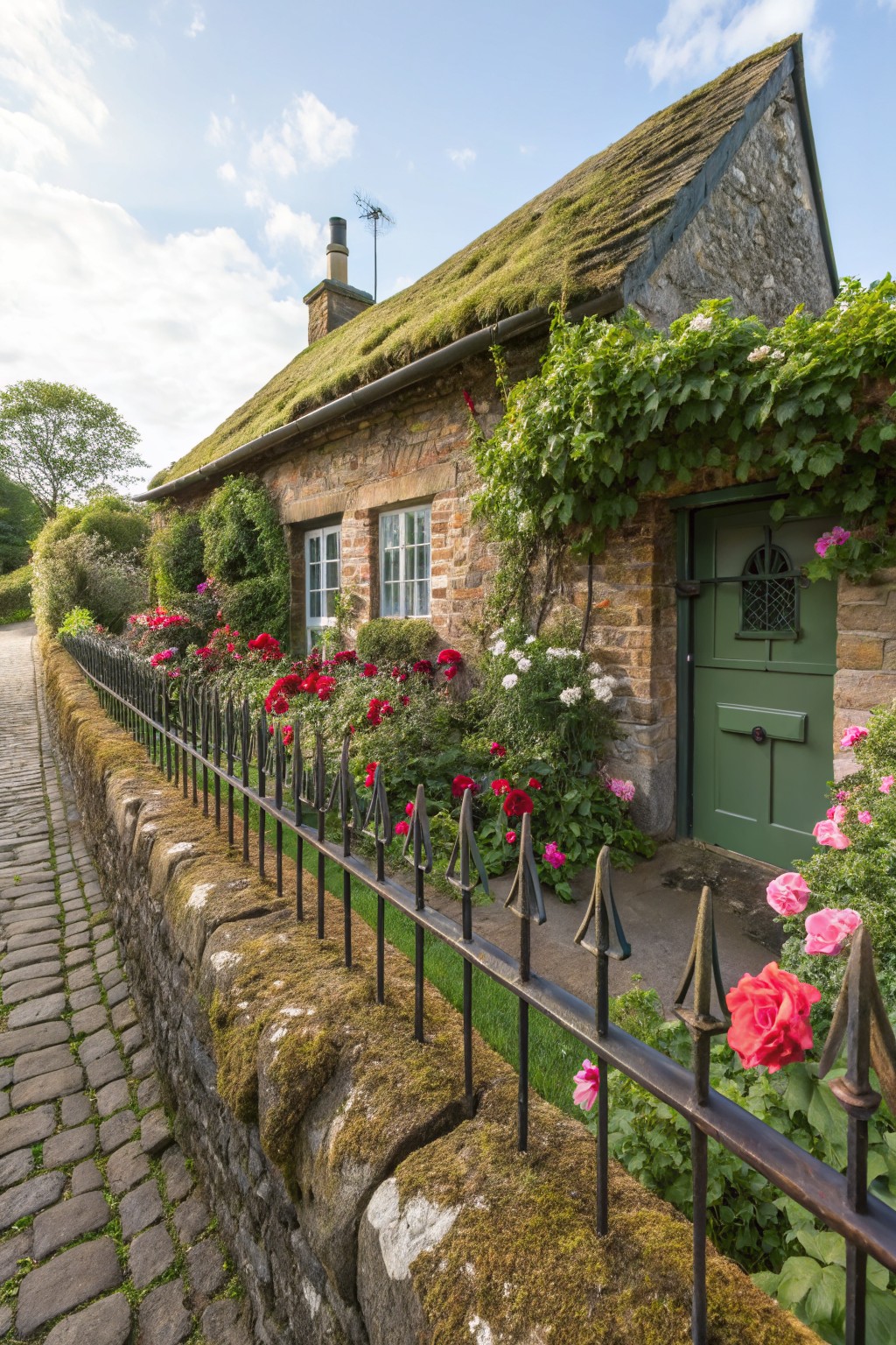 Stone cottage with moss-covered roof and green door beside a black wrought-iron fence on a mossy wall, overflowing with pink roses along a cobblestone path.