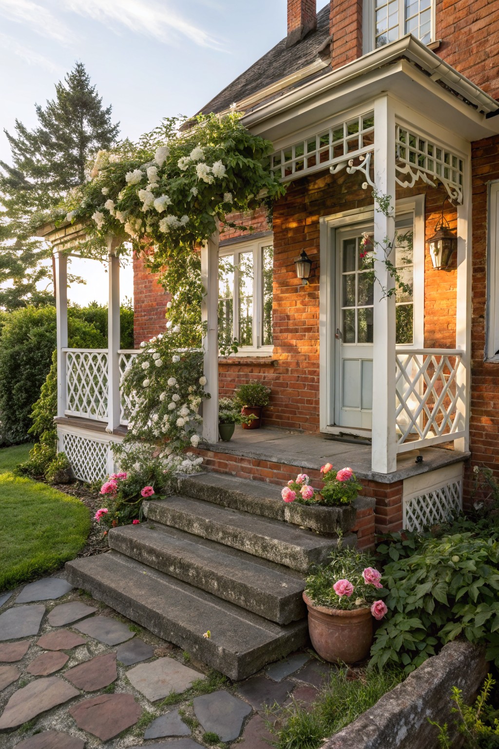 Brick house exterior with white porch featuring lattice railings and skirting covered in white climbing flowers, blue front door, stone steps, and potted pink flowers alongside a stone path.