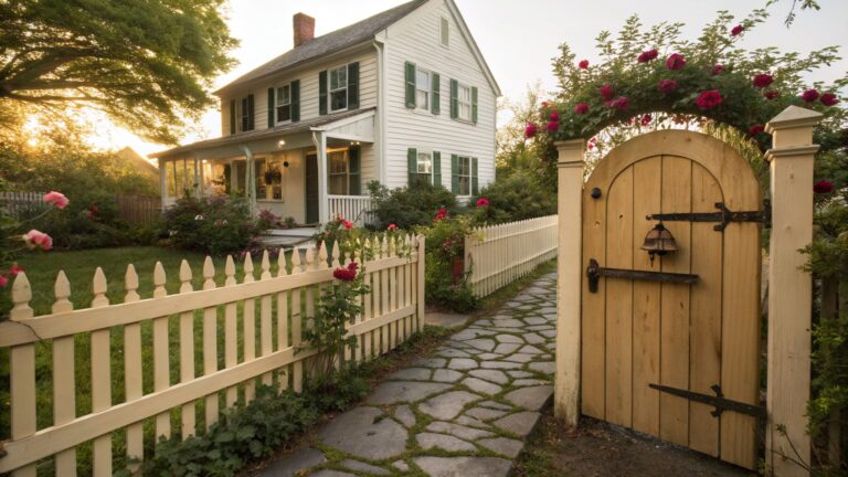 White picket fence with an arched wooden gate covered in pink roses leading to a stone path toward a two-story white clapboard house with green shutters and chimney.