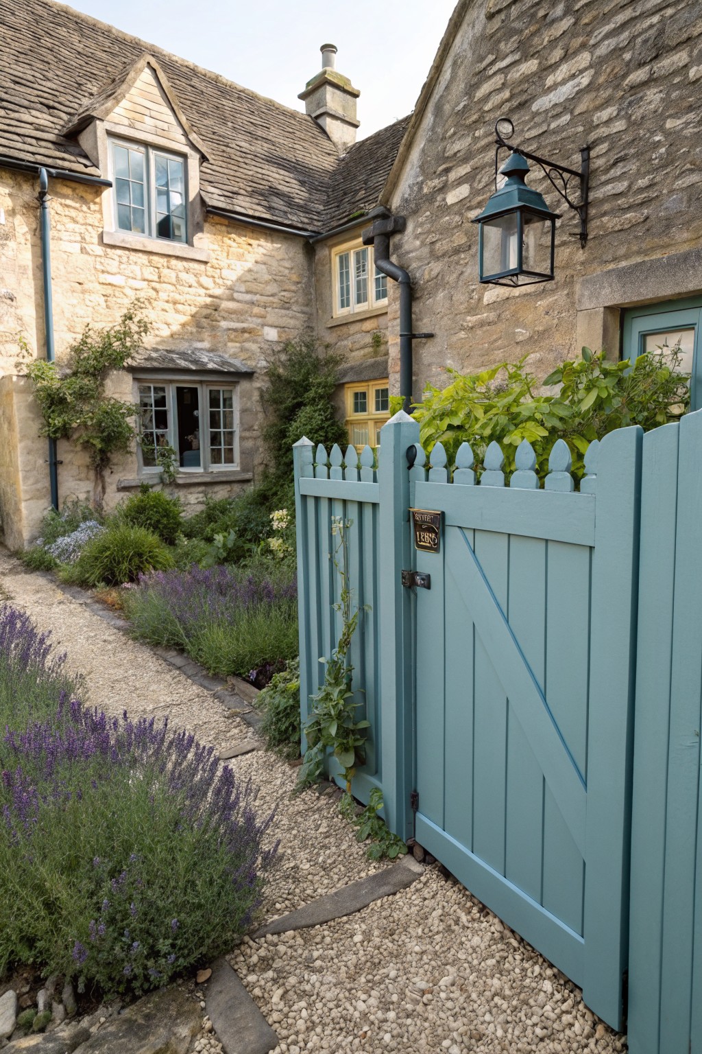 Stone cottage exterior with ivy on walls, turquoise picket fence gate with brass plaque, gravel path edged by lavender plants, wall lantern, and climbing vines.