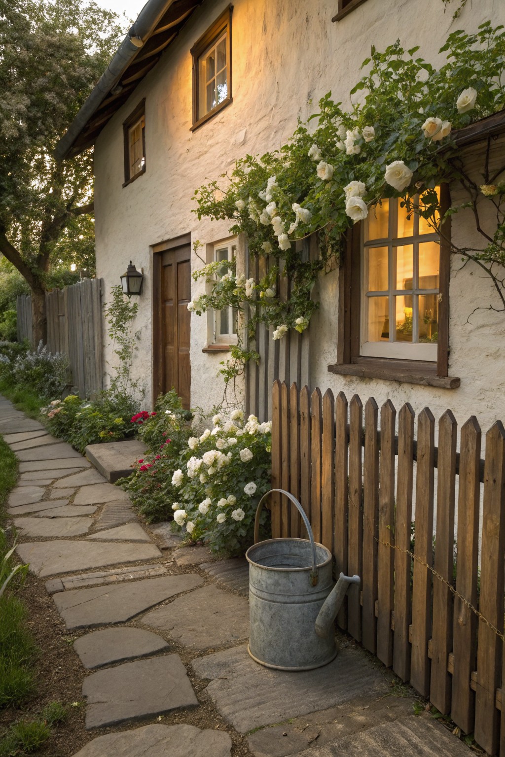 White plaster cottage wall covered in climbing white roses next to a wooden picket fence bordering a flagstone pathway with garden flowers and a galvanized watering can.