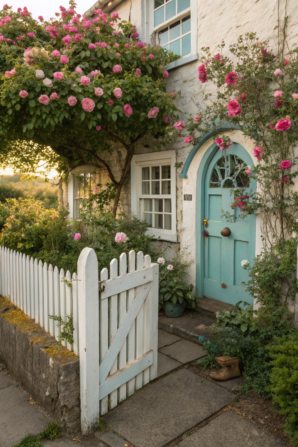 White stone cottage with turquoise arched front door, pink climbing roses over white picket fence gate, garden beds, and stone pathway.