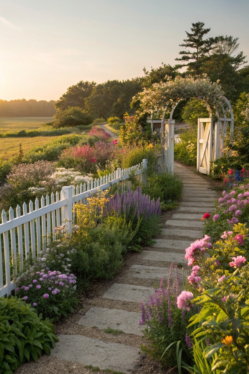 White picket fence with arched trellis gate covered in white flowers, stone pathway leading through colorful garden plantings to open field at sunset.