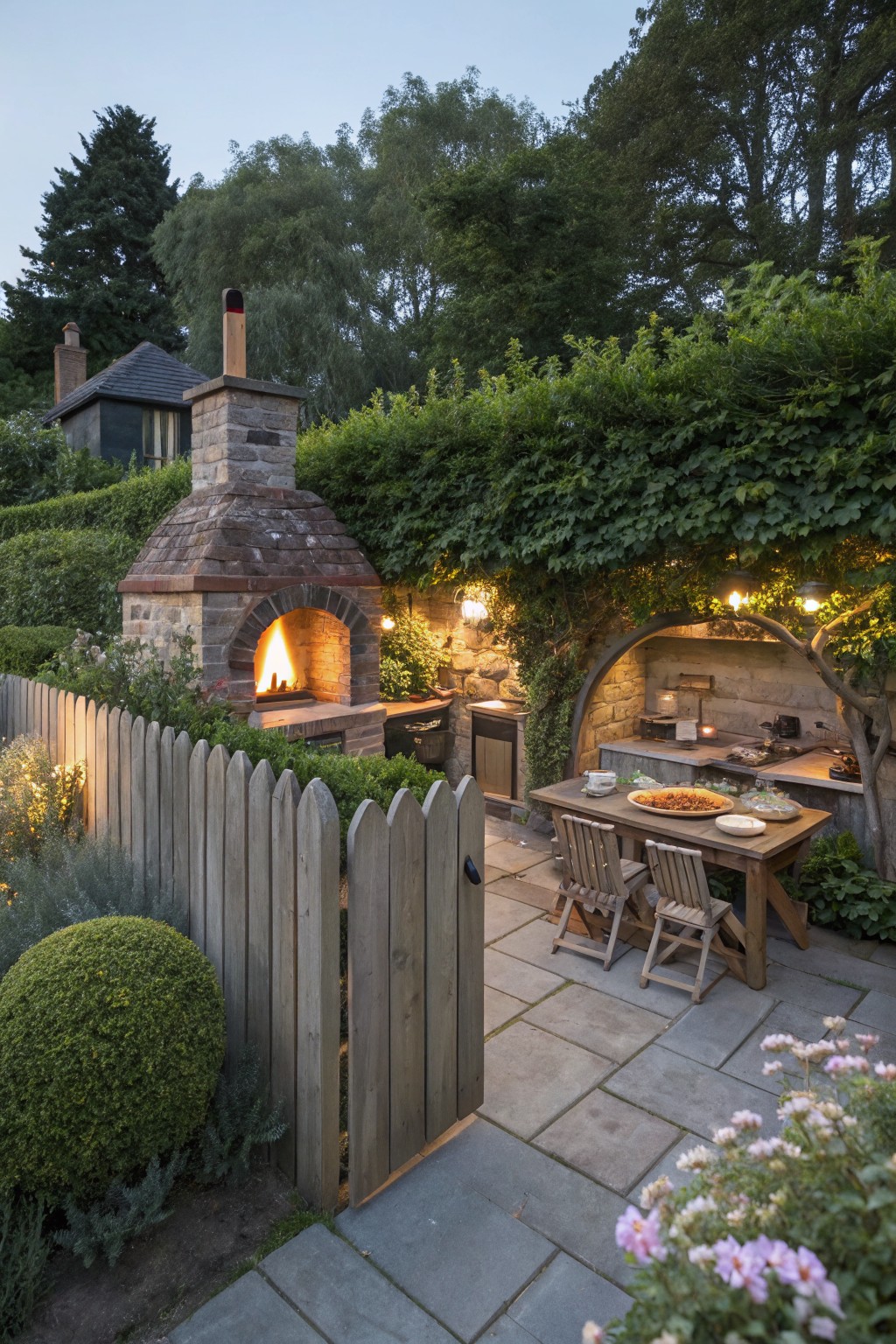 Wooden scalloped picket fence enclosing a stone outdoor oven and kitchen counter with table and chairs on a paved patio surrounded by plants and greenery.