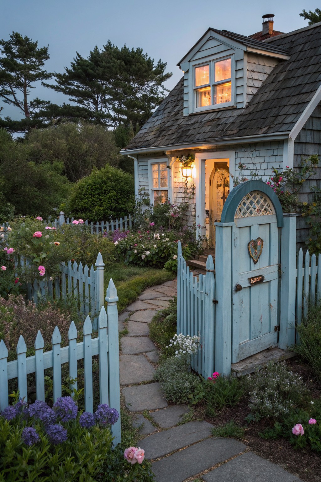 Light blue shingled cottage with dormer window and warm interior lights at dusk, fronted by matching blue picket fence enclosing flower garden with arched wooden gate and stone pathway, trees and shrubs in background.
