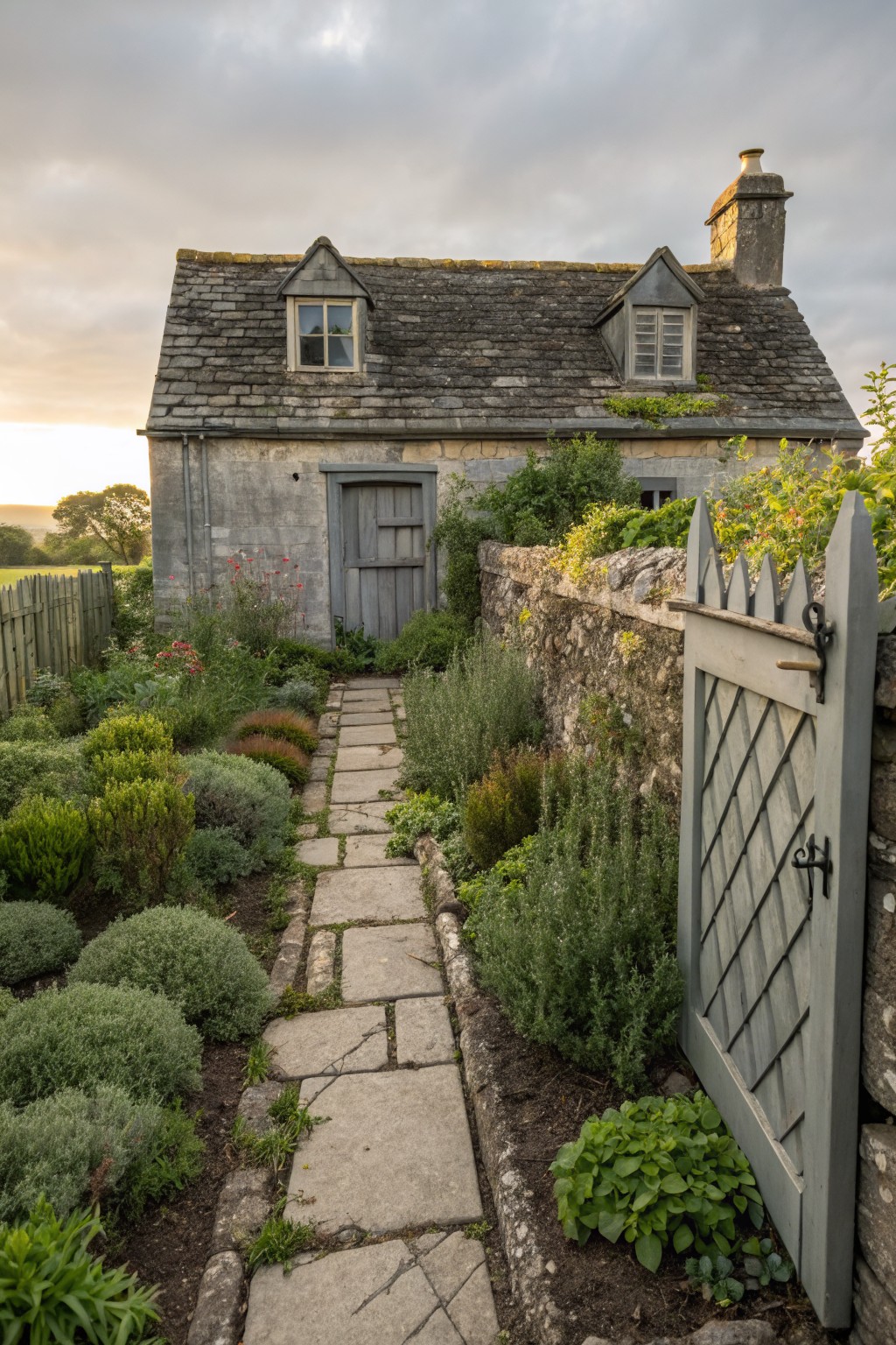 Gray wooden picket gate with diamond lattice and pointed finials set into a low stone wall beside a flagstone path through a herb garden leading to a stone cottage door.