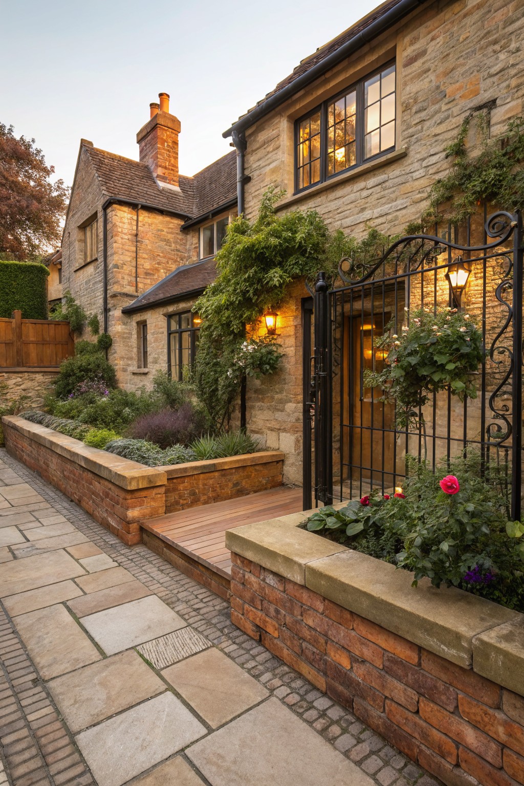 Stone cottage with beige walls, a black wrought-iron pedestrian gate, raised brick planters filled with flowers and greenery, lanterns on the wall, and a paved pathway to the wooden front door.