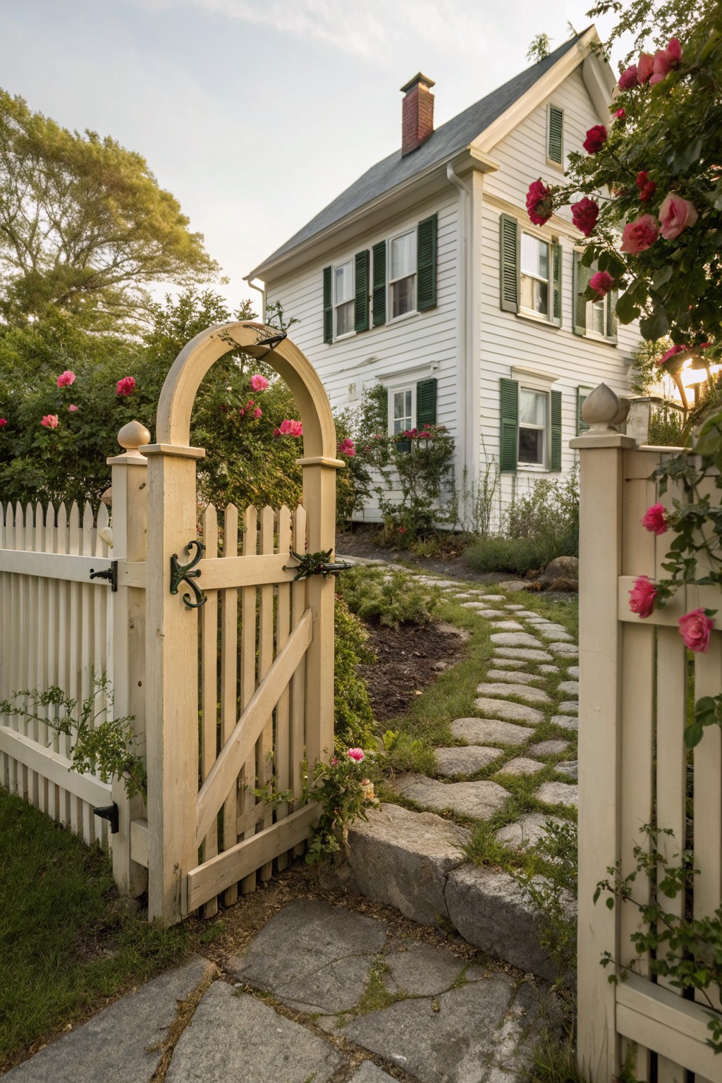 White picket fence with an arched wooden gate covered in pink roses leading to a stone path toward a two-story white clapboard house with green shutters and chimney.