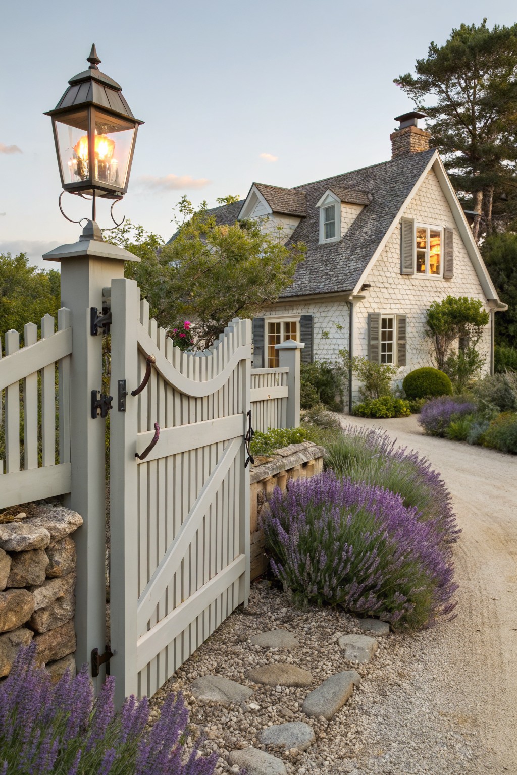 Light gray scalloped picket fence gate partially open beside a lit brass lantern on a post, with purple lavender bushes and a gravel driveway leading to a white shingled cottage house.