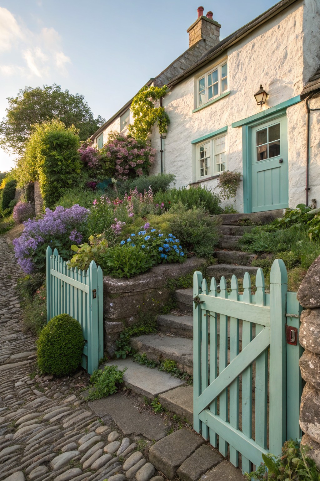 White stone cottage with turquoise picket fence gate and matching front door, surrounded by lush terraced garden of purple and pink flowers, stone steps leading up from a cobblestone path.