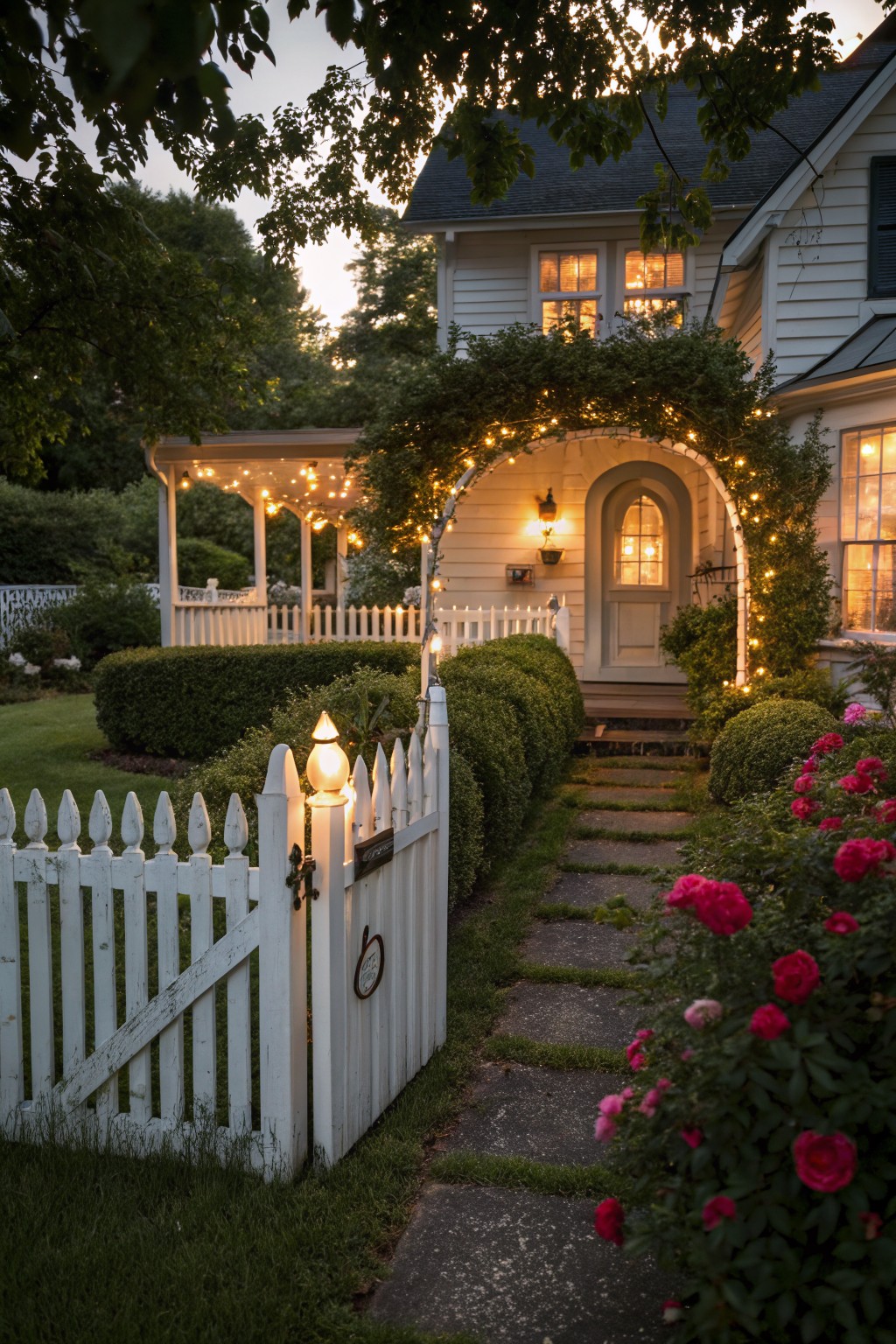 White picket fence with arched gate and stone path lined by boxwood hedges and pink rose bushes leading to the front door of a white cottage house with string lights on an arched entryway and porch at dusk.