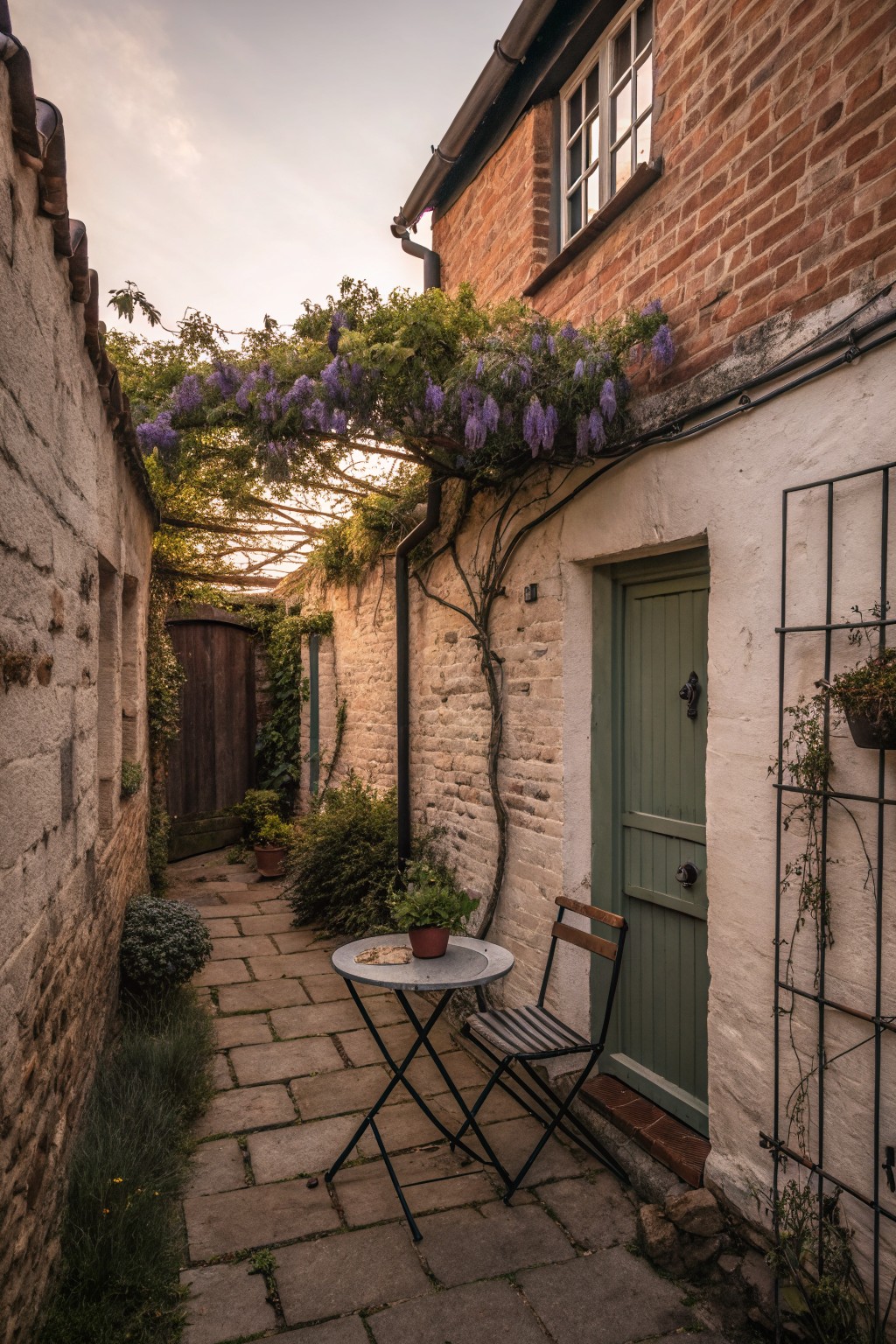 Narrow stone pathway between old brick and whitewashed walls, with purple wisteria vines arching overhead, a green wooden door on the right wall, and a small metal table with chair in the foreground.