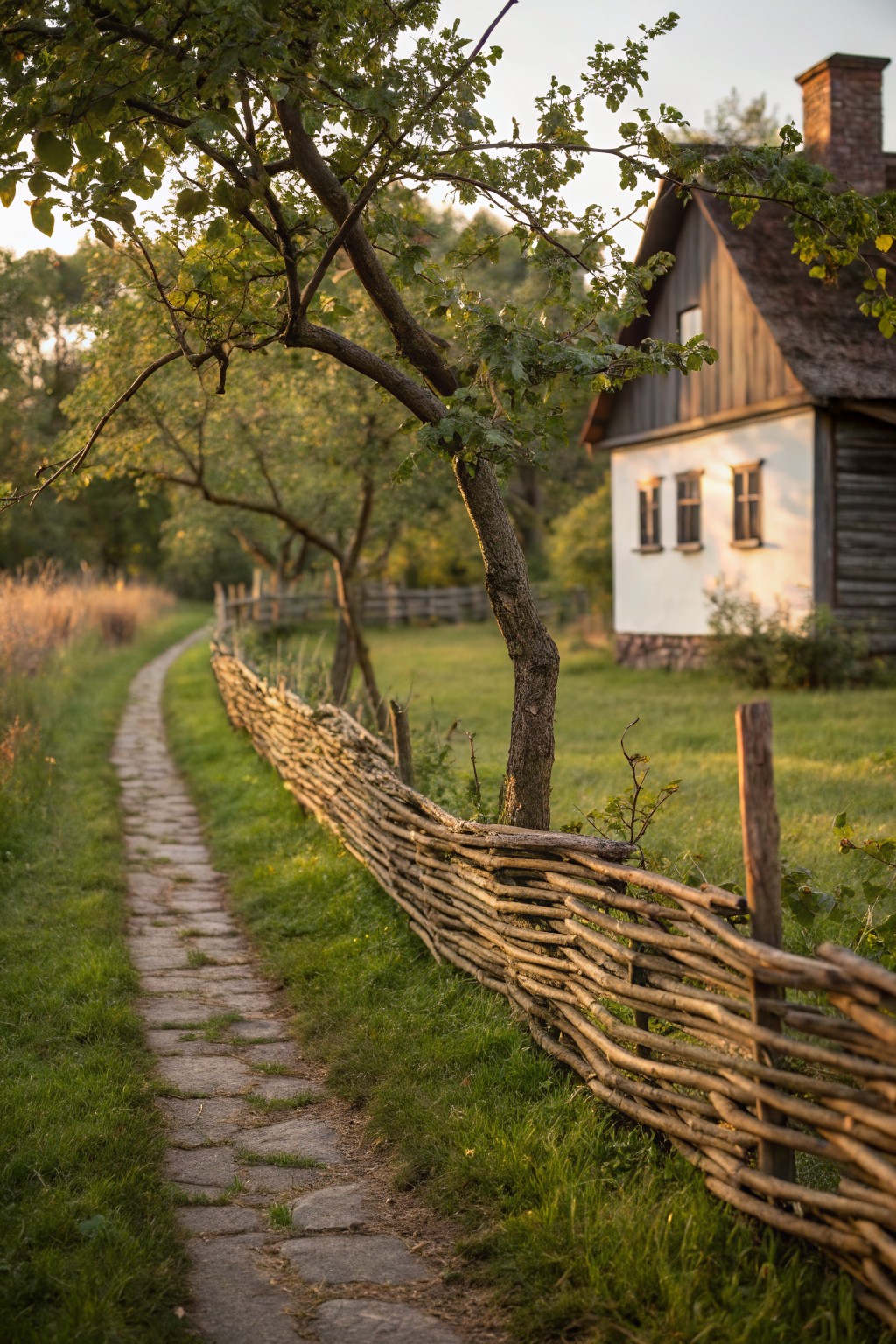 White-walled wooden cottage with dark shingled roof beside a grassy stone pathway edged by a woven branch fence, trees overhead, and reeds in the background at sunset.