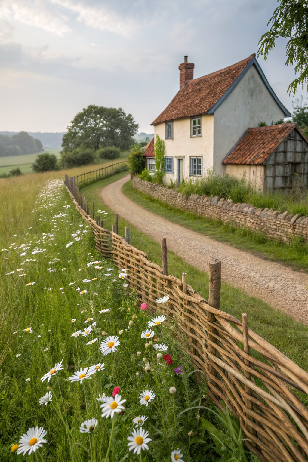 White cottage with red tiled roof and blue trim beside a curving gravel path edged by woven willow fence and bordered by green meadow with white daisies and distant trees under cloudy sky.