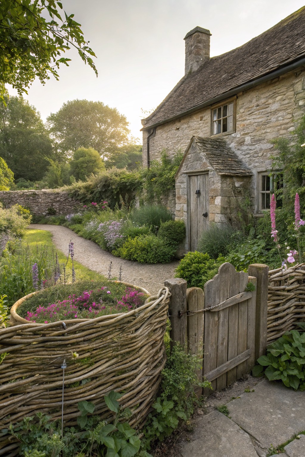 Stone cottage exterior with garden path, woven willow fence and gate enclosing flower beds with pink and purple blooms, surrounded by greenery and trees in soft evening light.