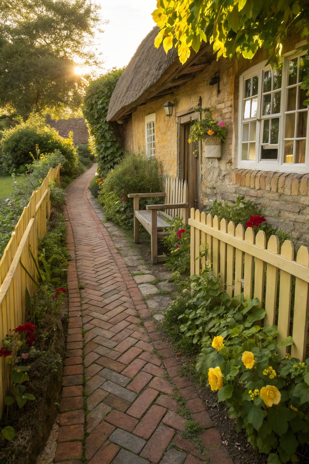 Thatched cottage with yellow picket fence bordering a brick pathway through flower gardens, wooden bench nearby, and trees in sunset light.
