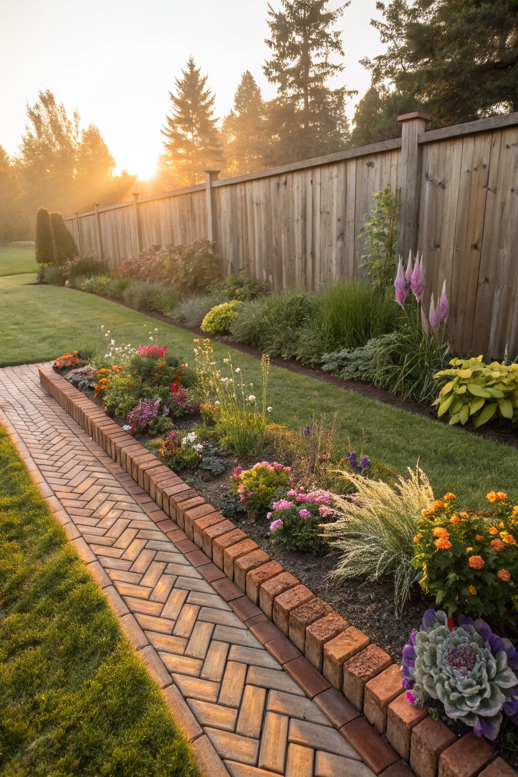 Herringbone brick walkway edged with low bricks bordering a narrow garden bed filled with colorful flowers, grasses, hostas, and kale plants next to a lawn, wooden fence, and trees at sunrise.