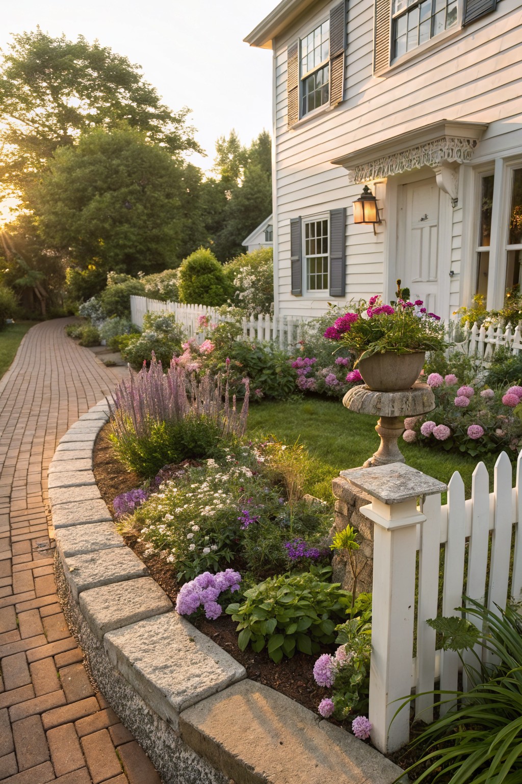 Curved red brick pathway leading to a white clapboard house entrance, bordered by low stone walls filled with pink hydrangeas, lavender plants, and white picket fence alongside.