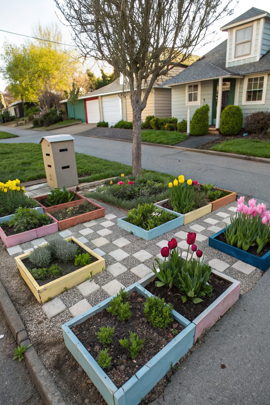 Colorful painted wooden raised planters with tulips, herbs and other plants arranged in a patchwork on checkered pavement next to a residential street, with a tree, mailbox and houses visible.