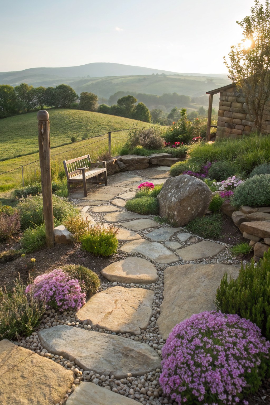 Winding path of irregular flagstone slabs with gravel between them, edged by pink flowers, lavender, grasses, and a large boulder, leading to a wooden bench next to stone walls in a garden with rolling green hills.