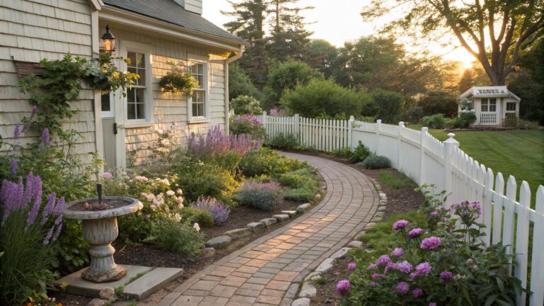 Curved red brick pathway leading to a white clapboard house entrance, bordered by low stone walls filled with pink hydrangeas, lavender plants, and white picket fence alongside.