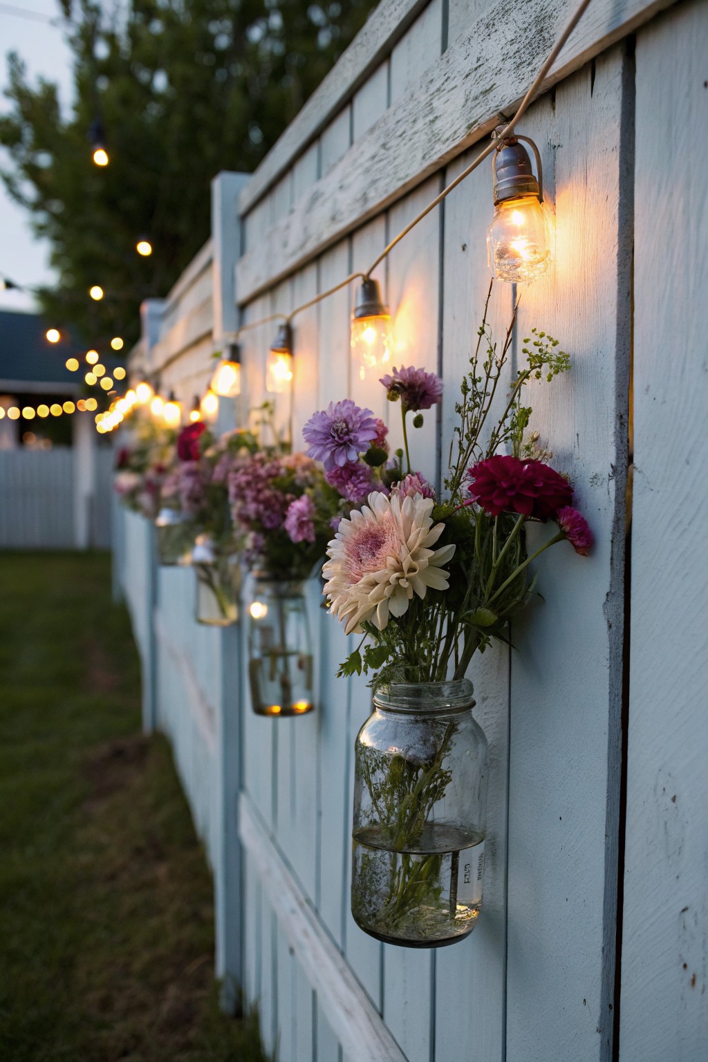 Weathered light blue wooden fence with multiple hanging mason jar vases containing colorful flowers like dahlias and chrysanthemums in water, plus string lights overhead in evening light.